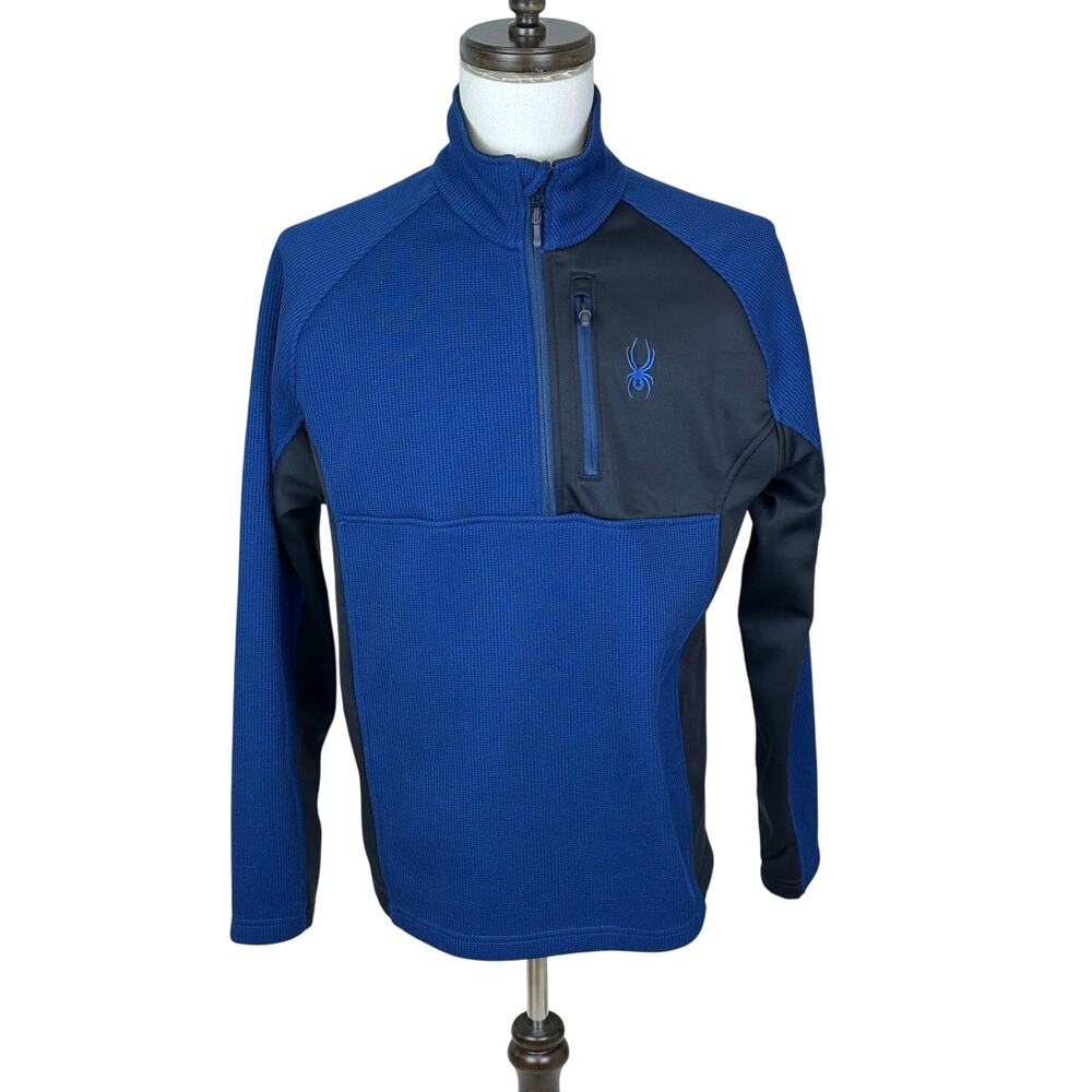 Spyder Men's LG Blue Black Half Zip Pullover Knit Fleece Jacket Midweight Coat